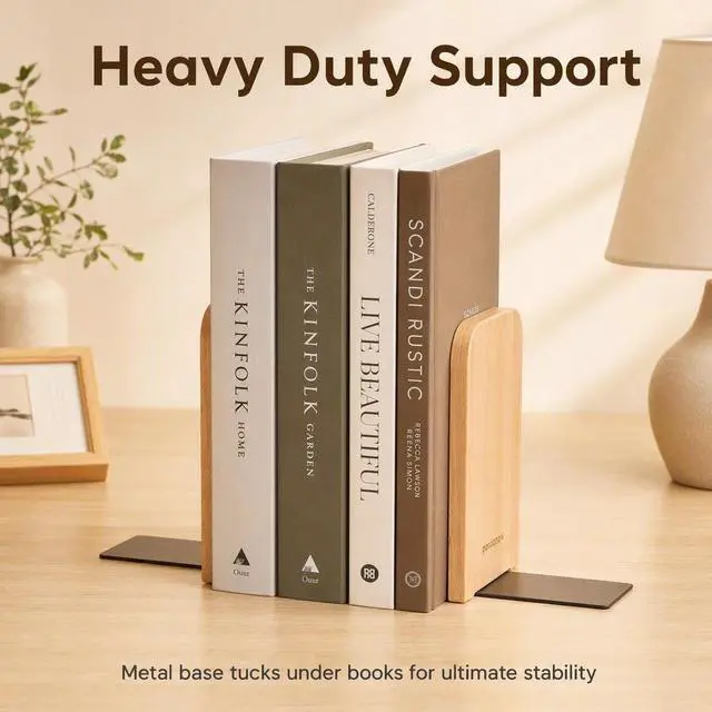 Alt view image 5 of 7 - Wood Bookends,Non-Skid Bookend for Shelves,Heavy Duty Bookends,Book Stand for Books/CDs,1 Pair