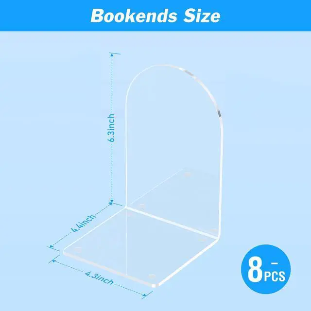 Alt view image 2 of 7 - 4 Pcs Acrylic Bookends, Clear Book Ends for Heavy Books | Bookend Holders for Shelves, Arch Book Stopper to Hold Books, Decorative Bookends for School, Library, Home, Office