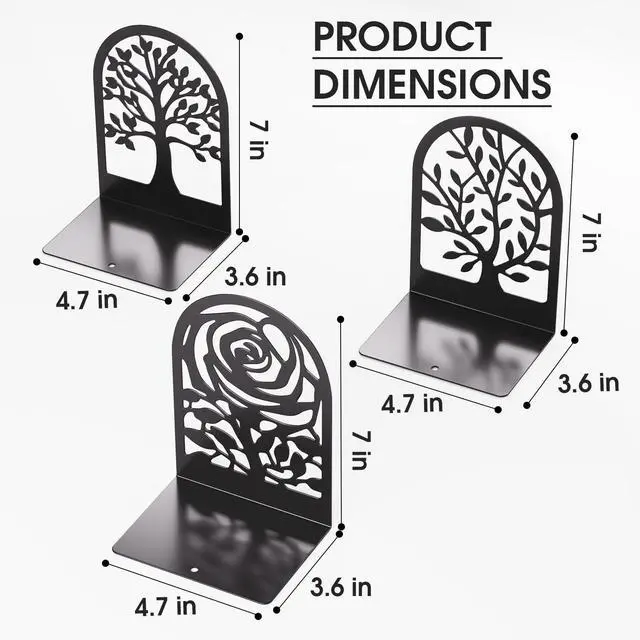 Alt view image 3 of 7 - Decorative Book Ends, Heavy Duty Bookends for Shelves, 3 Pairs | 6.89 x 4.89 x 3.54 Inch,Heavy Duty Support,Non-Skid Pads,Metal Finished,Scratch Resistant,Stable Support,Space Saving