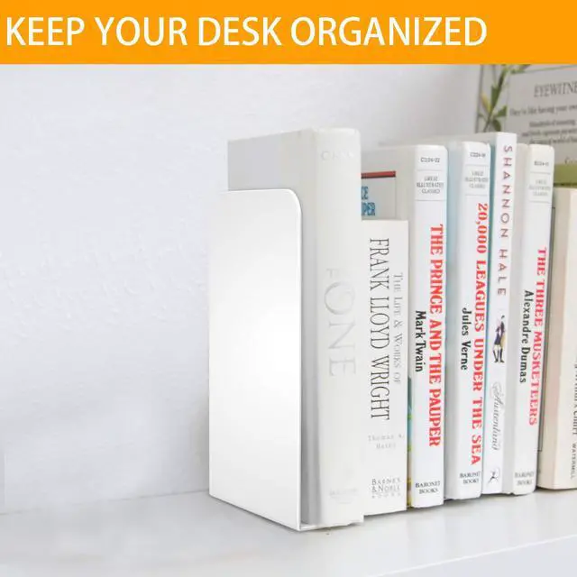Alt view image 7 of 7 - Bookends 1 Pair, White Metal Book Ends, Bookends for Shelves, Book Stopper for Heavy Books, Book Dividers for Home Office
