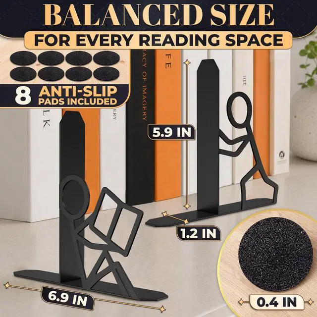 Alt view image 2 of 7 - Unique Bookends, Set of 2, Heavy Duty 1.5mm Steel; Active | Metal Stick Figure Book Ends; 8 Anti-Slip Pads; Matte Black Decor, Book Lover Gift for Home Library, Office Desk & Bookshelf