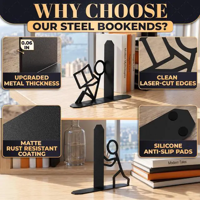Alt view image 3 of 7 - Unique Bookends, Set of 2, Heavy Duty 1.5mm Steel; Active | Metal Stick Figure Book Ends; 8 Anti-Slip Pads; Matte Black Decor, Book Lover Gift for Home Library, Office Desk & Bookshelf
