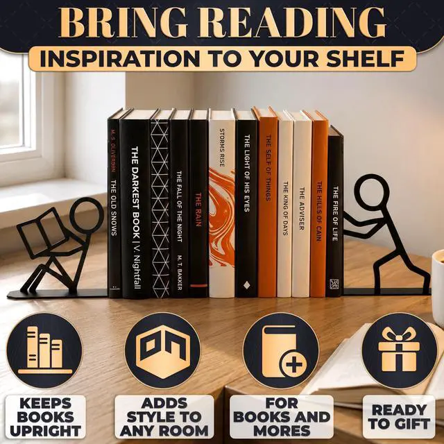 Alt view image 4 of 7 - Unique Bookends, Set of 2, Heavy Duty 1.5mm Steel; Active | Metal Stick Figure Book Ends; 8 Anti-Slip Pads; Matte Black Decor, Book Lover Gift for Home Library, Office Desk & Bookshelf