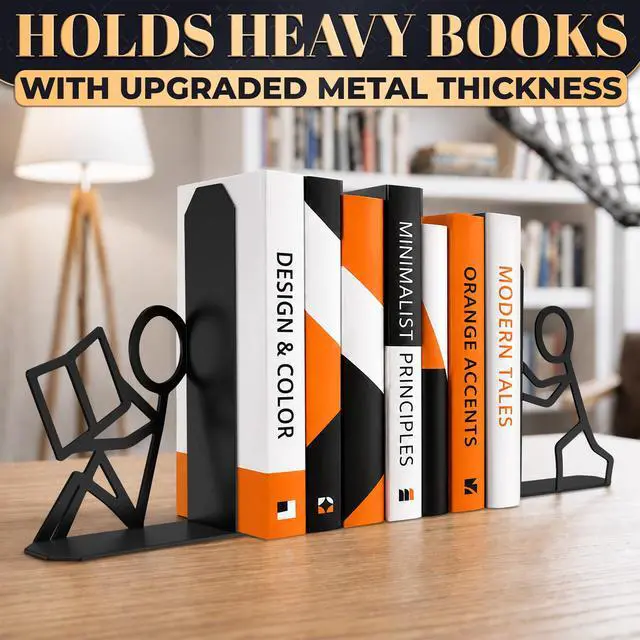 Alt view image 7 of 7 - Unique Bookends, Set of 2, Heavy Duty 1.5mm Steel; Active | Metal Stick Figure Book Ends; 8 Anti-Slip Pads; Matte Black Decor, Book Lover Gift for Home Library, Office Desk & Bookshelf