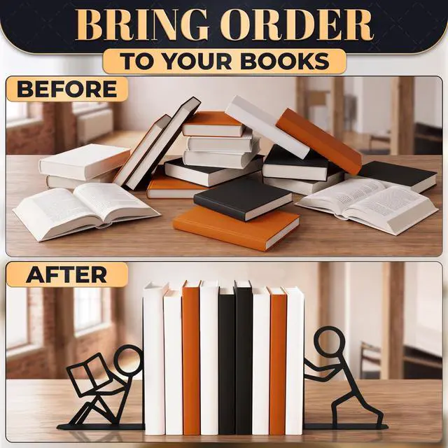 Alt view image 5 of 7 - Unique Bookends, Set of 2, Heavy Duty 1.5mm Steel; Active | Metal Stick Figure Book Ends; 8 Anti-Slip Pads; Matte Black Decor, Book Lover Gift for Home Library, Office Desk & Bookshelf