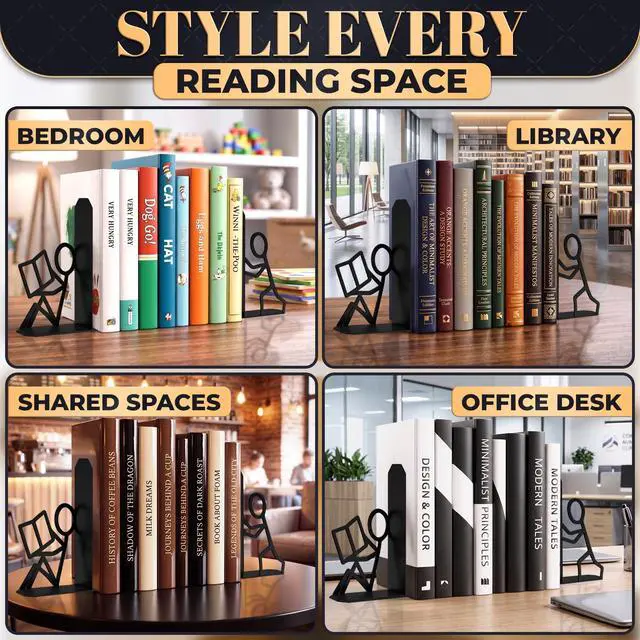 Alt view image 6 of 7 - Unique Bookends, Set of 2, Heavy Duty 1.5mm Steel; Active | Metal Stick Figure Book Ends; 8 Anti-Slip Pads; Matte Black Decor, Book Lover Gift for Home Library, Office Desk & Bookshelf
