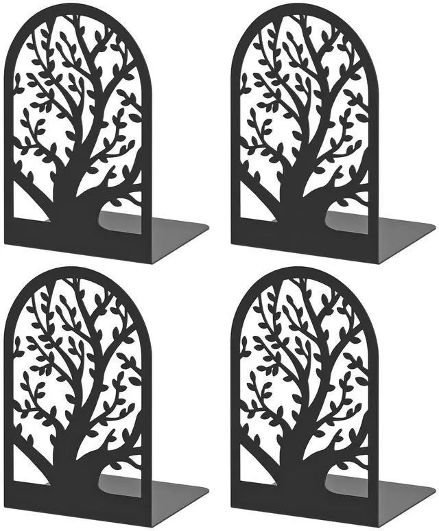 Main image of Tree Bookends 4 Pieces, Black Metal Bookends for Shelves, Unique Decorative Book Ends for Book Shelves, Book Stopper to Hold Books, Book Organizer for Home Office