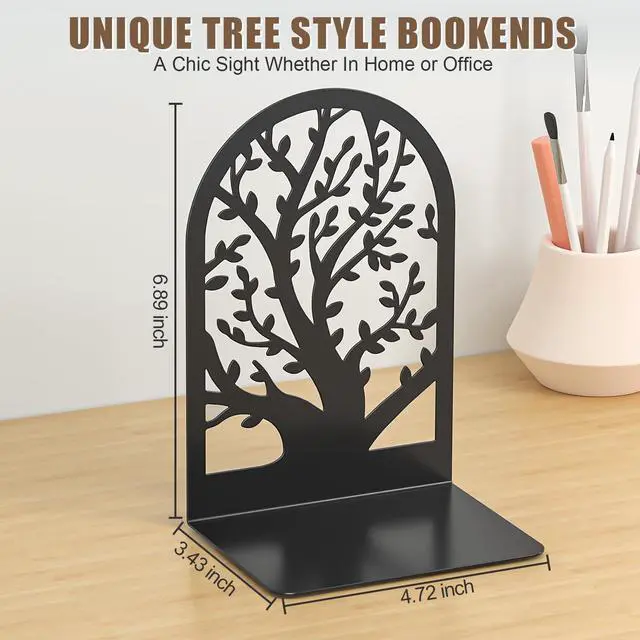 Alt view image 2 of 7 - Tree Bookends 4 Pieces, Black Metal Bookends for Shelves, Unique Decorative Book Ends for Book Shelves, Book Stopper to Hold Books, Book Organizer for Home Office