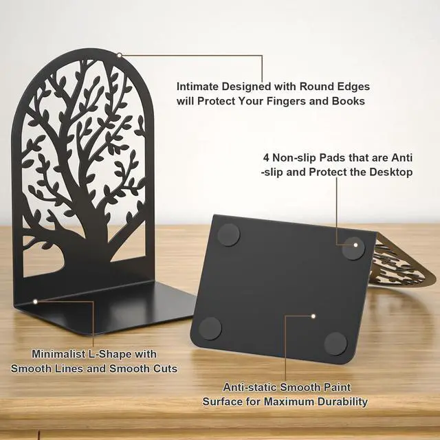 Alt view image 3 of 7 - Tree Bookends 4 Pieces, Black Metal Bookends for Shelves, Unique Decorative Book Ends for Book Shelves, Book Stopper to Hold Books, Book Organizer for Home Office