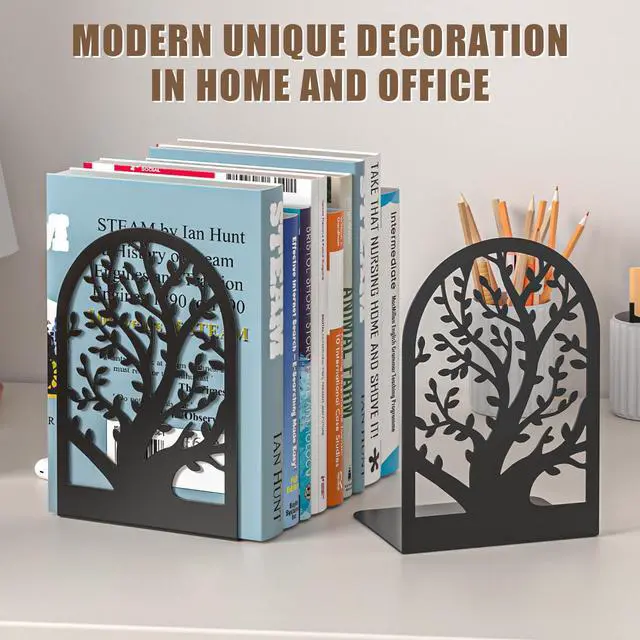 Alt view image 4 of 7 - Tree Bookends 4 Pieces, Black Metal Bookends for Shelves, Unique Decorative Book Ends for Book Shelves, Book Stopper to Hold Books, Book Organizer for Home Office