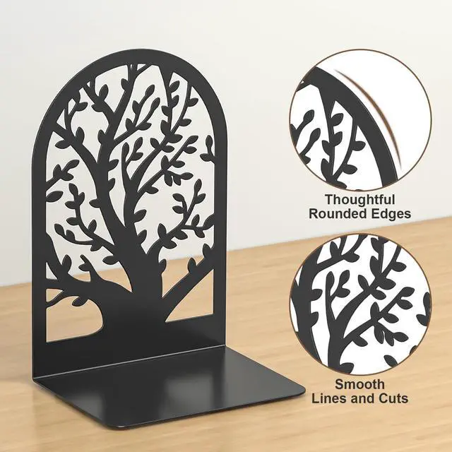 Alt view image 5 of 7 - Tree Bookends 4 Pieces, Black Metal Bookends for Shelves, Unique Decorative Book Ends for Book Shelves, Book Stopper to Hold Books, Book Organizer for Home Office