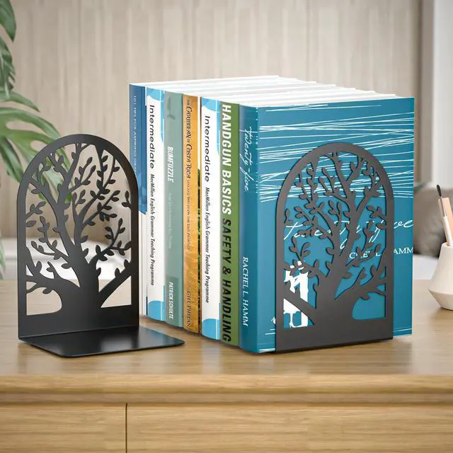 Alt view image 6 of 7 - Tree Bookends 4 Pieces, Black Metal Bookends for Shelves, Unique Decorative Book Ends for Book Shelves, Book Stopper to Hold Books, Book Organizer for Home Office