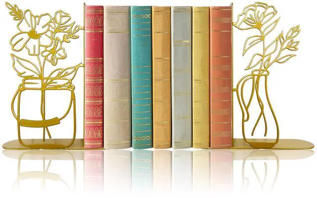 Main image of Metal Flower Vase Book Ends, Cute Book Ends for Office Home Decor | Decorative Book Ends for Shelves, Ideal Gift for Book Lovers(Gold)