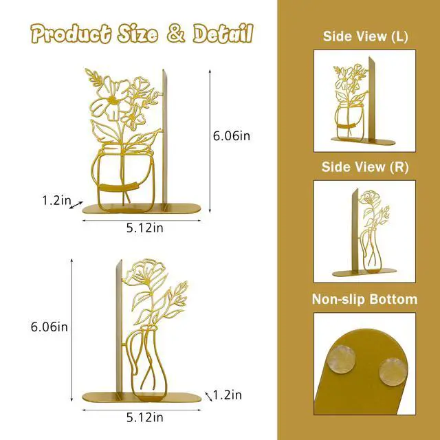 Alt view image 2 of 6 - Metal Flower Vase Book Ends, Cute Book Ends for Office Home Decor | Decorative Book Ends for Shelves, Ideal Gift for Book Lovers(Gold)