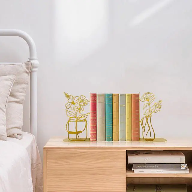Alt view image 4 of 6 - Metal Flower Vase Book Ends, Cute Book Ends for Office Home Decor | Decorative Book Ends for Shelves, Ideal Gift for Book Lovers(Gold)