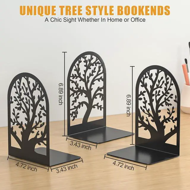 Alt view image 3 of 7 - Bookend 3 Pairs, Decorative Book End, Bookends for Shelves, Desktope Book Ends, Book Stopper to Hold Books, Unique Black Metal Tree Book Holder for Home Office