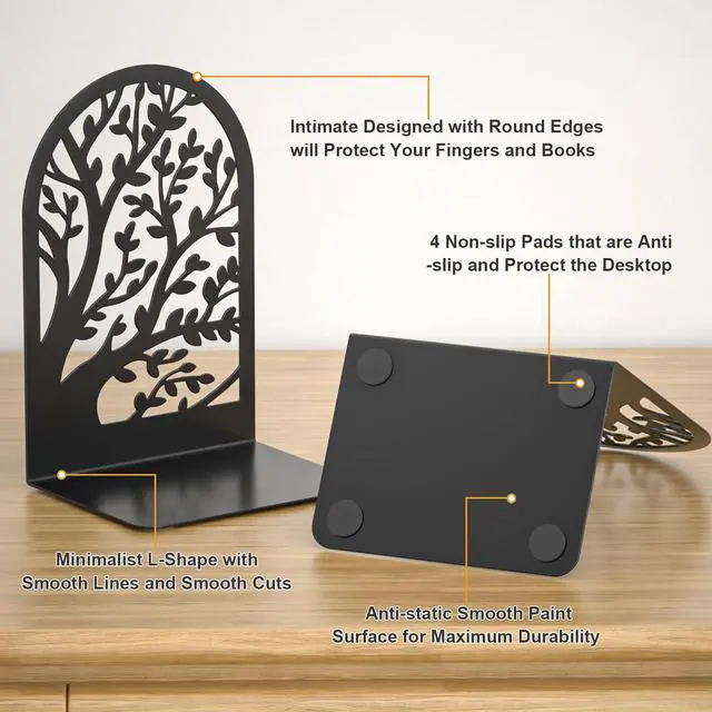 Alt view image 4 of 7 - Bookend 3 Pairs, Decorative Book End, Bookends for Shelves, Desktope Book Ends, Book Stopper to Hold Books, Unique Black Metal Tree Book Holder for Home Office