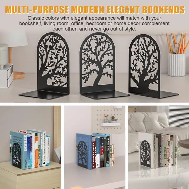 Alt view image 7 of 7 - Bookend 3 Pairs, Decorative Book End, Bookends for Shelves, Desktope Book Ends, Book Stopper to Hold Books, Unique Black Metal Tree Book Holder for Home Office