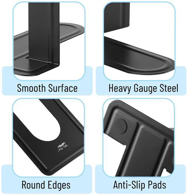 Alt view image 4 of 7 - Book Ends, Black, 4 Pack, Heavy Duty Metal Bookends for Shelves | Book Holders for Shelves, Metal Bookends