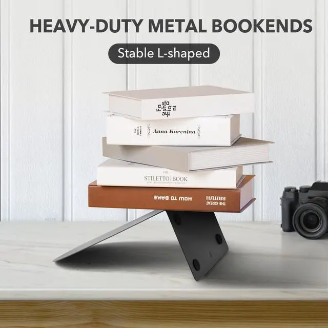 Alt view image 4 of 6 - 6Pcs Metal Bookends - Book Ends for Shelves, Black | Book Ends For Heavy Books, Decorative Book Stoppers,Sturdy Construction, Non-Skid, RecordDVD Organization