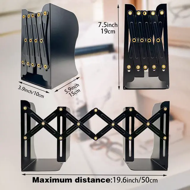 Alt view image 2 of 7 - Adjustable Bookends Non Skid Decorative Bookends,Metal Bookend for Heavy Books,Bookshelf Organizer Holder for Books and Magazines for Desk(Black)