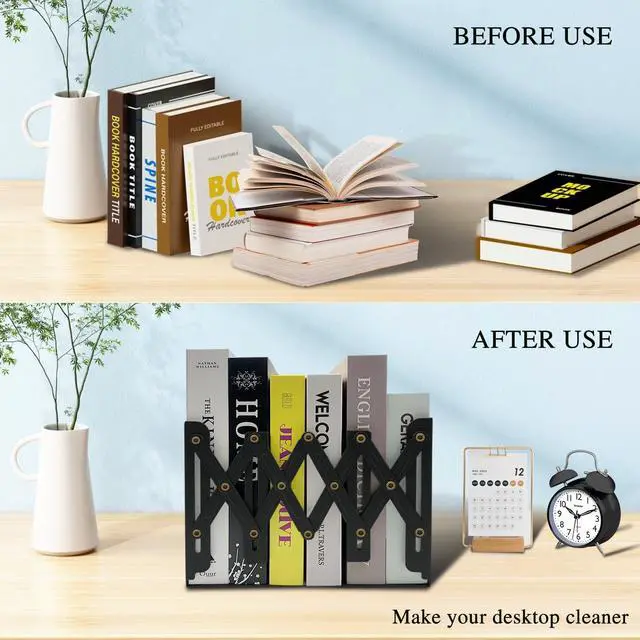 Alt view image 3 of 7 - Adjustable Bookends Non Skid Decorative Bookends,Metal Bookend for Heavy Books,Bookshelf Organizer Holder for Books and Magazines for Desk(Black)