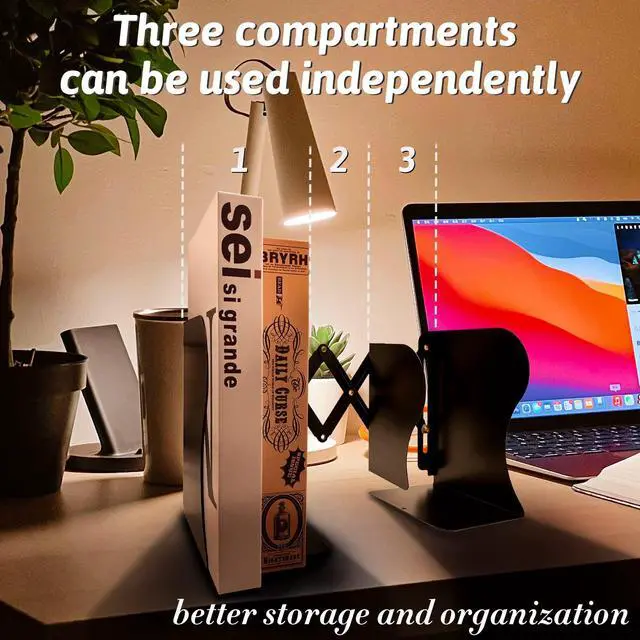 Alt view image 4 of 7 - Adjustable Bookends Non Skid Decorative Bookends,Metal Bookend for Heavy Books,Bookshelf Organizer Holder for Books and Magazines for Desk(Black)