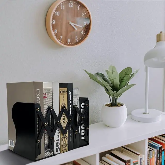 Alt view image 7 of 7 - Adjustable Bookends Non Skid Decorative Bookends,Metal Bookend for Heavy Books,Bookshelf Organizer Holder for Books and Magazines for Desk(Black)