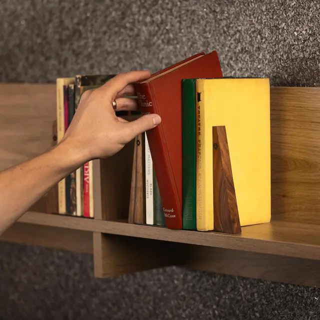 Alt view image 2 of 7 - Walnut Bookends for Shelves | Wooden Book Ends for Shelves | Sturdy Book Holders, Stoppers with Metal Base for Bookshelves | Slick Decorative Bookends Stands Firmly on Bookshelf (Pair)