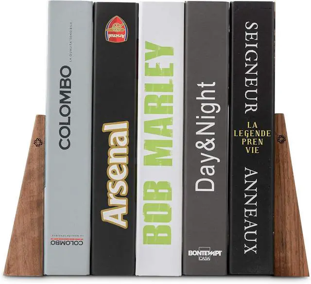 Alt view image 6 of 7 - Walnut Bookends for Shelves | Wooden Book Ends for Shelves | Sturdy Book Holders, Stoppers with Metal Base for Bookshelves | Slick Decorative Bookends Stands Firmly on Bookshelf (Pair)