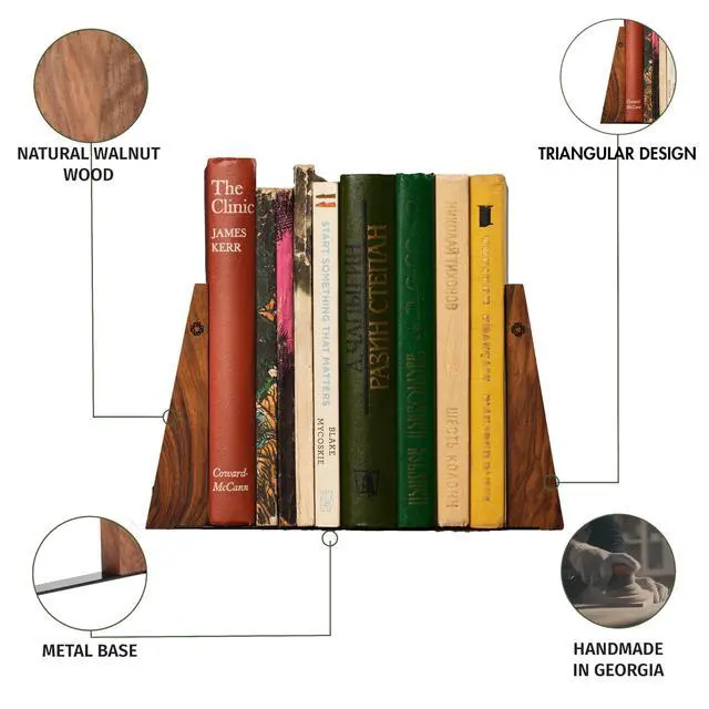 Alt view image 3 of 7 - Walnut Bookends for Shelves | Wooden Book Ends for Shelves | Sturdy Book Holders, Stoppers with Metal Base for Bookshelves | Slick Decorative Bookends Stands Firmly on Bookshelf (Pair)