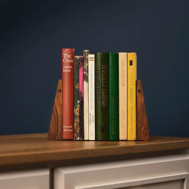 Alt view image 4 of 7 - Walnut Bookends for Shelves | Wooden Book Ends for Shelves | Sturdy Book Holders, Stoppers with Metal Base for Bookshelves | Slick Decorative Bookends Stands Firmly on Bookshelf (Pair)