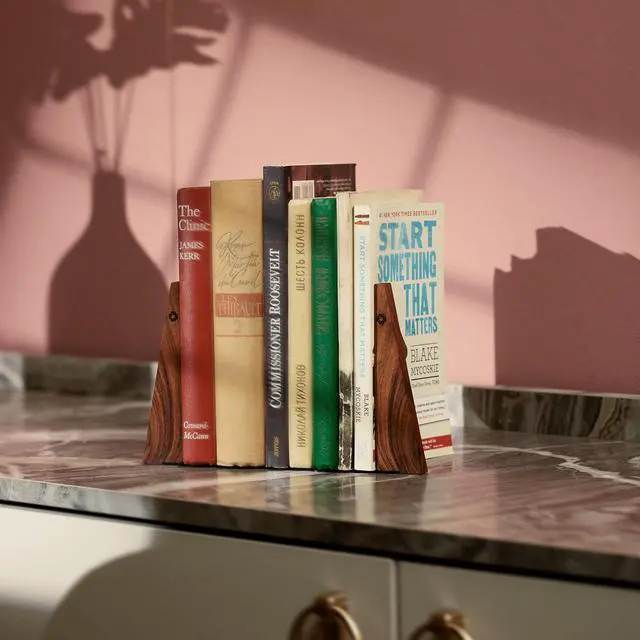 Alt view image 7 of 7 - Walnut Bookends for Shelves | Wooden Book Ends for Shelves | Sturdy Book Holders, Stoppers with Metal Base for Bookshelves | Slick Decorative Bookends Stands Firmly on Bookshelf (Pair)