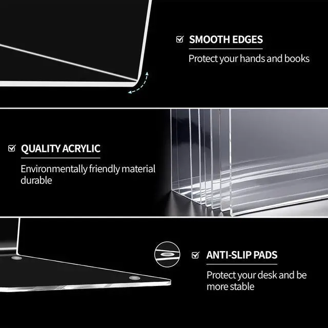 Alt view image 3 of 6 - 6pcs Book Ends for Shelves, Acrylic Bookends for Home Office | Clear Book Ends, Decorative Book Stoppers, Sturdy Book Holder for Heavy Books, Non-Slip Feet, Desktop Organizer