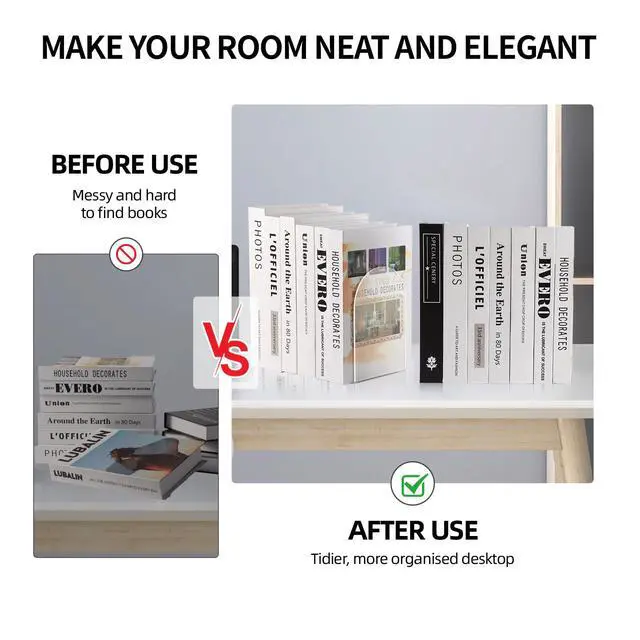Alt view image 4 of 6 - 6pcs Book Ends for Shelves, Acrylic Bookends for Home Office | Clear Book Ends, Decorative Book Stoppers, Sturdy Book Holder for Heavy Books, Non-Slip Feet, Desktop Organizer