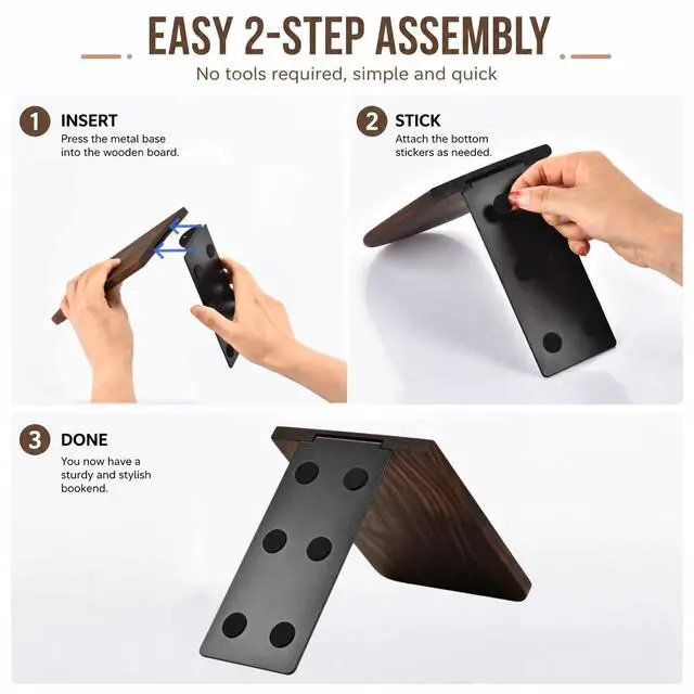 Alt view image 4 of 7 - Book Ends, Black Walnut Wooden Bookends for Shelves - Heavy Duty Non-Slip Book Organizers, Upgraded Decorative Bookend Holders for Home, Kitchen, Office, Set of 2, Small