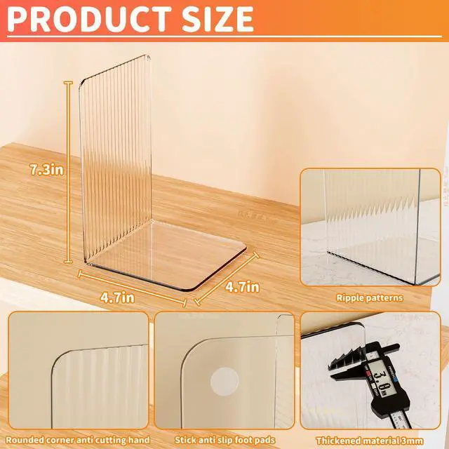 Alt view image 2 of 7 - 6 PCS Clear Acrylic Book Ends for Shelves Decorative,Invisible Book Stopper with Non-Slip Mats for Heavy Books,Small Acrylic Bookends for Home Office School Supplies and Kids Bookshelf