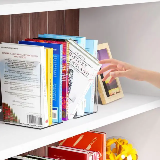 Alt view image 4 of 7 - 6 PCS Clear Acrylic Book Ends for Shelves Decorative,Invisible Book Stopper with Non-Slip Mats for Heavy Books,Small Acrylic Bookends for Home Office School Supplies and Kids Bookshelf