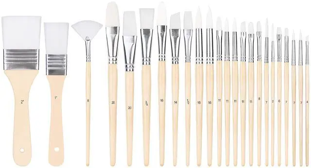 Main image of Multi-shaped Polyester Paint Brushes for Acrylic, Oil, Watercolor, Gouache, Fine Detailing, Face Painting, 24 Count Different Sizes, Wood Color