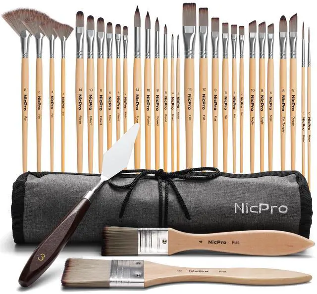 Main image of 32pcs Paint Brush Set, Acrylic Paint Brushes, Professional Artist Series with Paint Spatula and Cloth Roll, Paintbrushes for Oil, Acrylic Canvas Paintings, Watercolor, Art Supplies