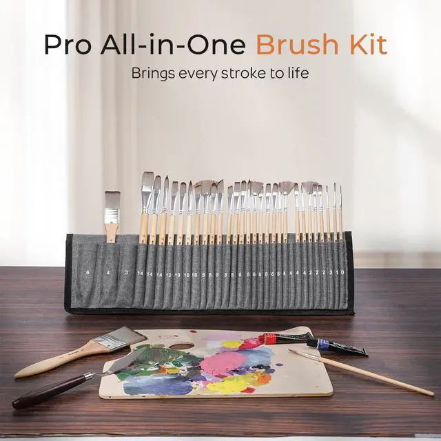 Alt view image 2 of 7 - 32pcs Paint Brush Set, Acrylic Paint Brushes, Professional Artist Series with Paint Spatula and Cloth Roll, Paintbrushes for Oil, Acrylic Canvas Paintings, Watercolor, Art Supplies