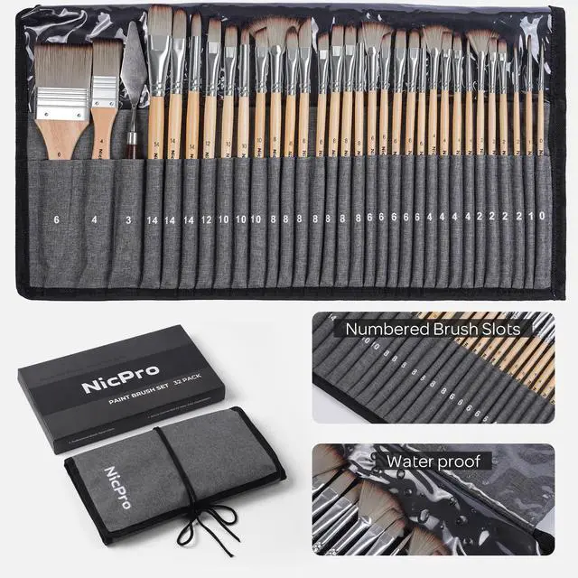 Alt view image 5 of 7 - 32pcs Paint Brush Set, Acrylic Paint Brushes, Professional Artist Series with Paint Spatula and Cloth Roll, Paintbrushes for Oil, Acrylic Canvas Paintings, Watercolor, Art Supplies
