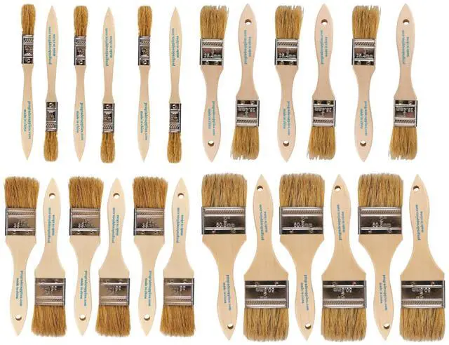 Main image of Chip Brushes, Disposable Paint Brushes, Assorted Sizes, 24 Piece | Natural bristle, wood handle | 4 widths, 6 of each | For stain, varnish & glue | Cabinets, furniture, crafts