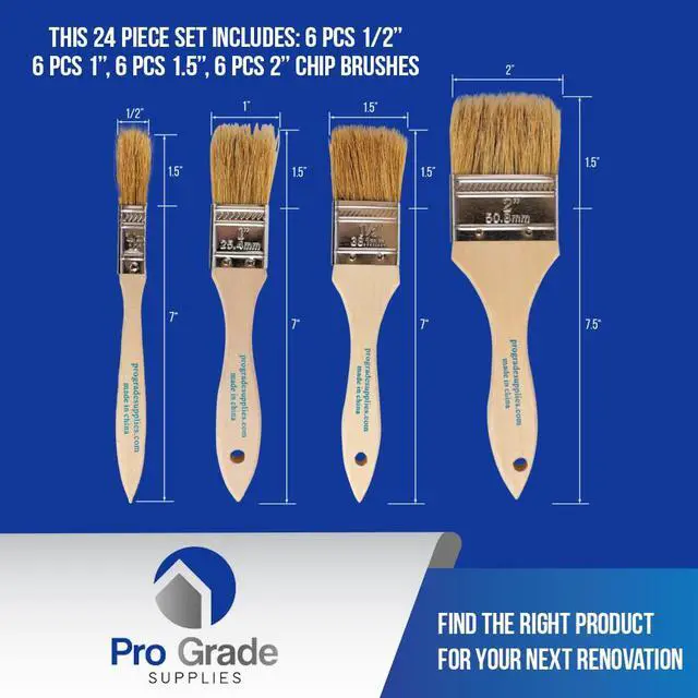 Alt view image 3 of 7 - Chip Brushes, Disposable Paint Brushes, Assorted Sizes, 24 Piece | Natural bristle, wood handle | 4 widths, 6 of each | For stain, varnish & glue | Cabinets, furniture, crafts