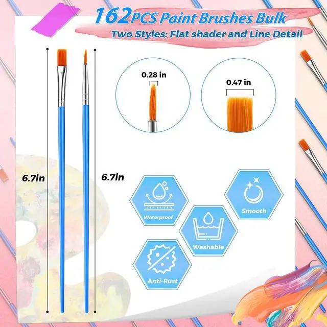 Alt view image 2 of 6 - 162 Pcs Paint Brushes Bulk, Round Flat Tip Acrylic Paint Brushes Set for Kids Classroom Crafts Oil Watercolor Canvases Face Painting Touch Up
