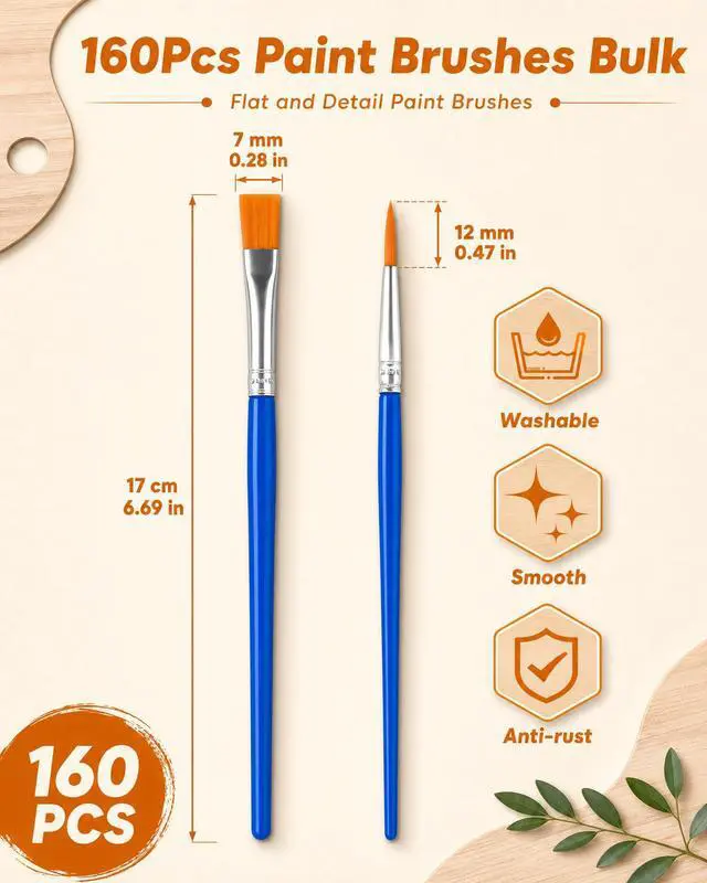 Alt view image 2 of 7 - Small Paint Brushes Bulk, 160 Pcs Flat Tip Round Acrylic Paint Brushes for Kids Classroom Acrylic Watercolor Canvas Face Painting Touch Up