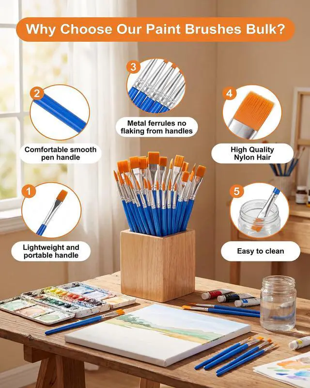 Alt view image 3 of 7 - Small Paint Brushes Bulk, 160 Pcs Flat Tip Round Acrylic Paint Brushes for Kids Classroom Acrylic Watercolor Canvas Face Painting Touch Up