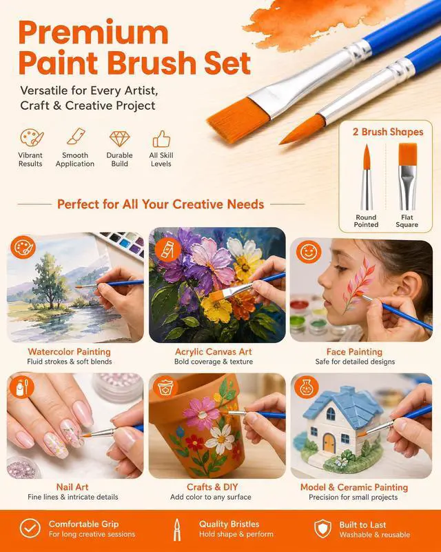 Alt view image 4 of 7 - Small Paint Brushes Bulk, 160 Pcs Flat Tip Round Acrylic Paint Brushes for Kids Classroom Acrylic Watercolor Canvas Face Painting Touch Up