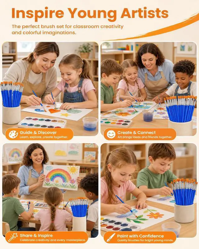 Alt view image 7 of 7 - Small Paint Brushes Bulk, 160 Pcs Flat Tip Round Acrylic Paint Brushes for Kids Classroom Acrylic Watercolor Canvas Face Painting Touch Up