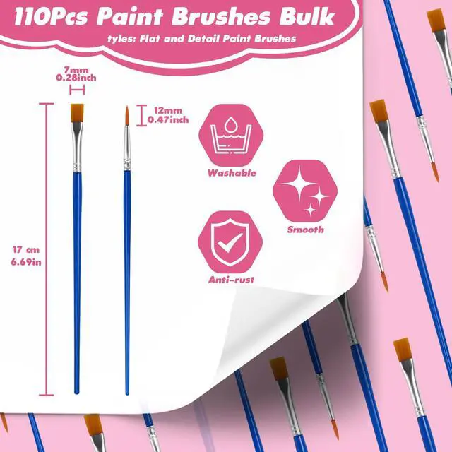 Alt view image 2 of 7 - Small Paint Brushes Bulk, 110 Pcs Flat Tip Round Acrylic Paint Brushes for Kids Classroom Acrylic Watercolor Canvas Face Painting Touch Up